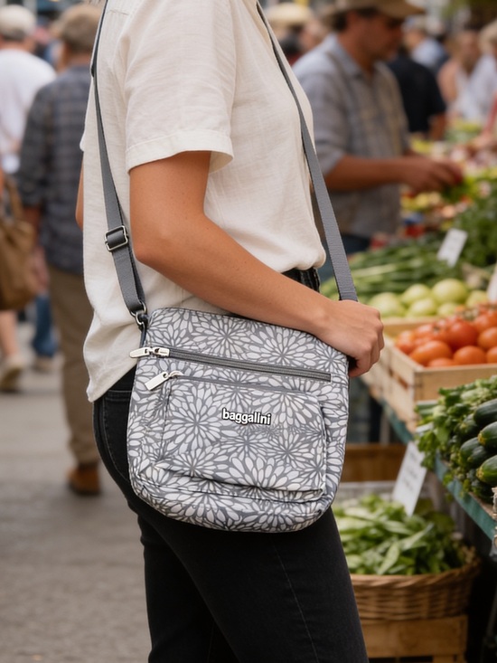 Baggallini Handbags - Baggallini Gray and White Floral Crossbody Bag